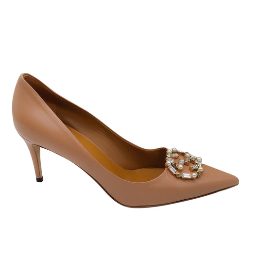 Gucci Beige Embellished GG Pointed Toe Leather Pumps