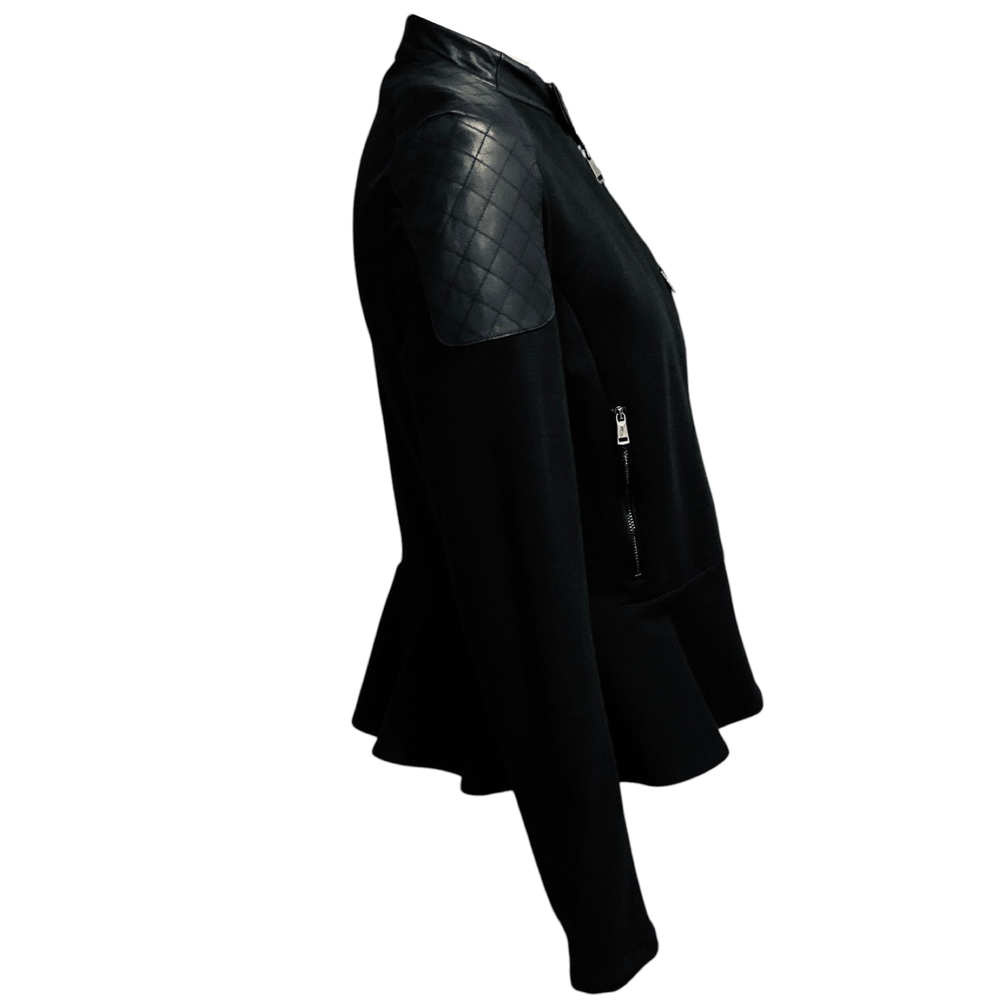 Ralph Lauren Black Label Black Calf Leather and Cotton Jersey Zip Front Jacket