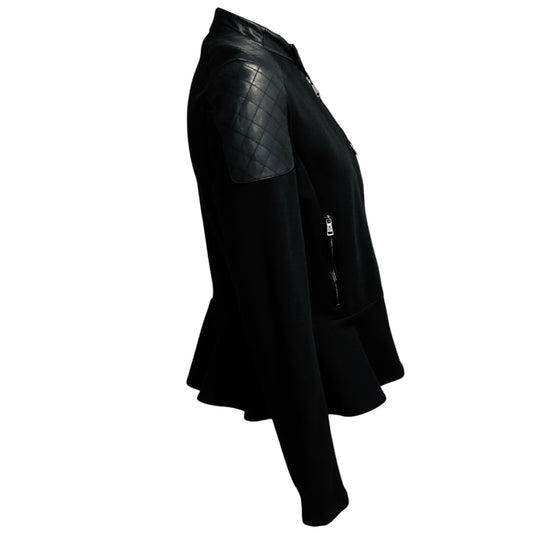 Ralph Lauren Black Label Black Calf Leather and Cotton Jersey Zip Front Jacket