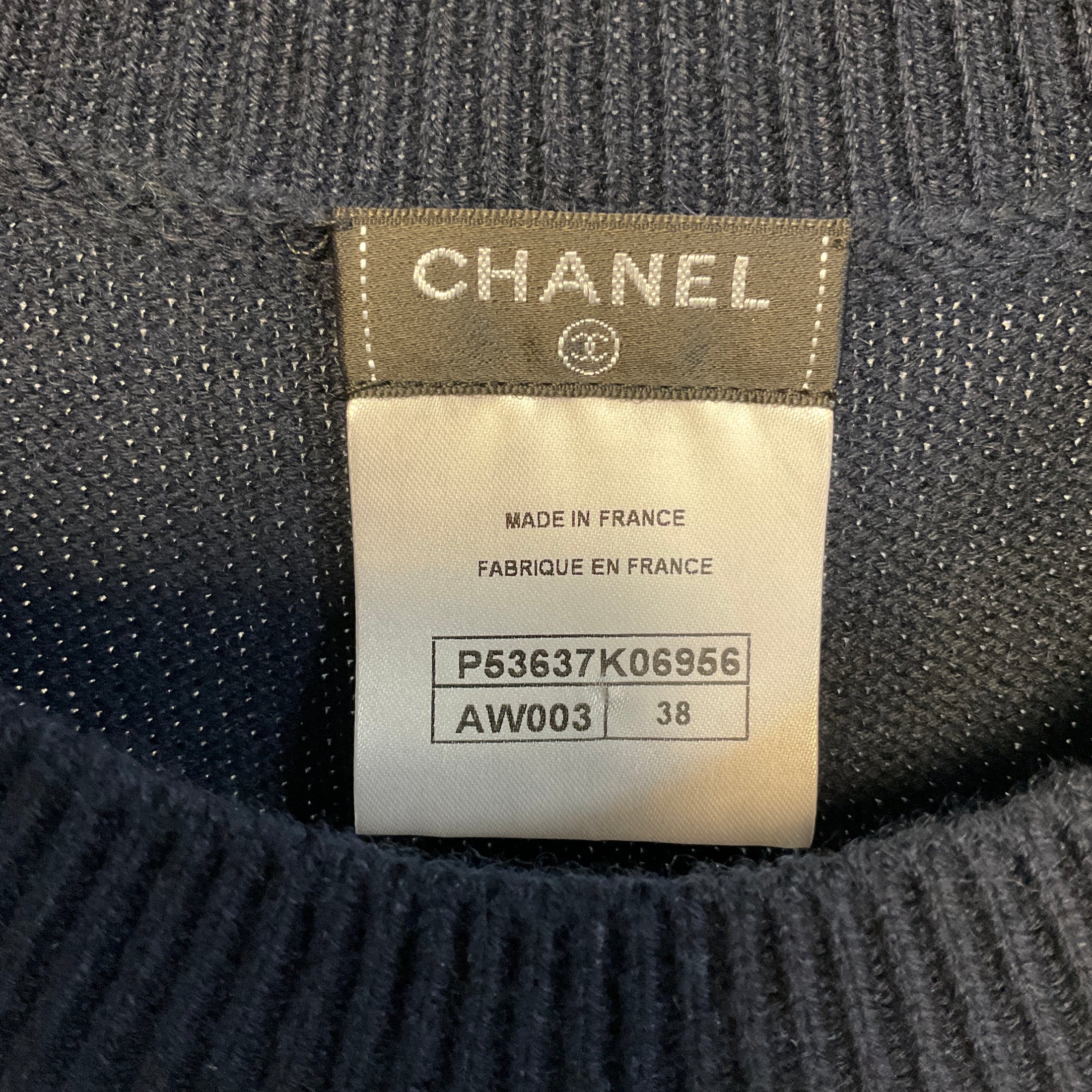 Chanel Navy Blue Faux Pearl Embellished Cotton and Cashmere Knit Dress with CC Logo Plate
