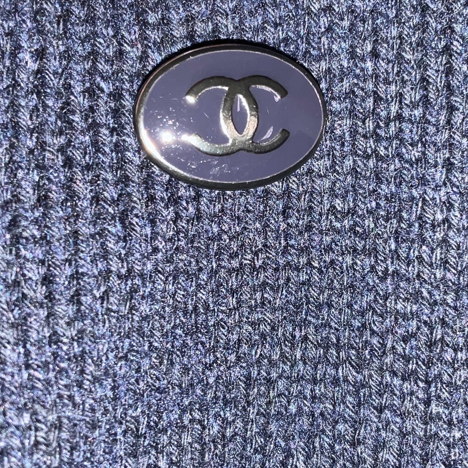 Chanel Navy Blue Faux Pearl Embellished Cotton and Cashmere Knit Dress with CC Logo Plate
