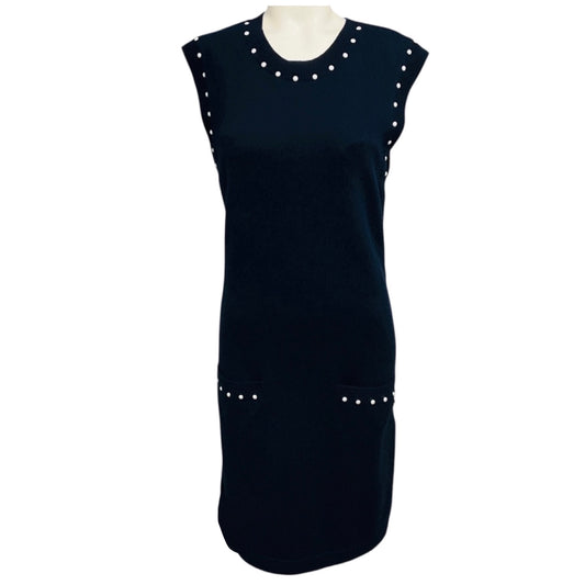 Chanel Navy Blue Faux Pearl Embellished Cotton and Cashmere Knit Dress with CC Logo Plate