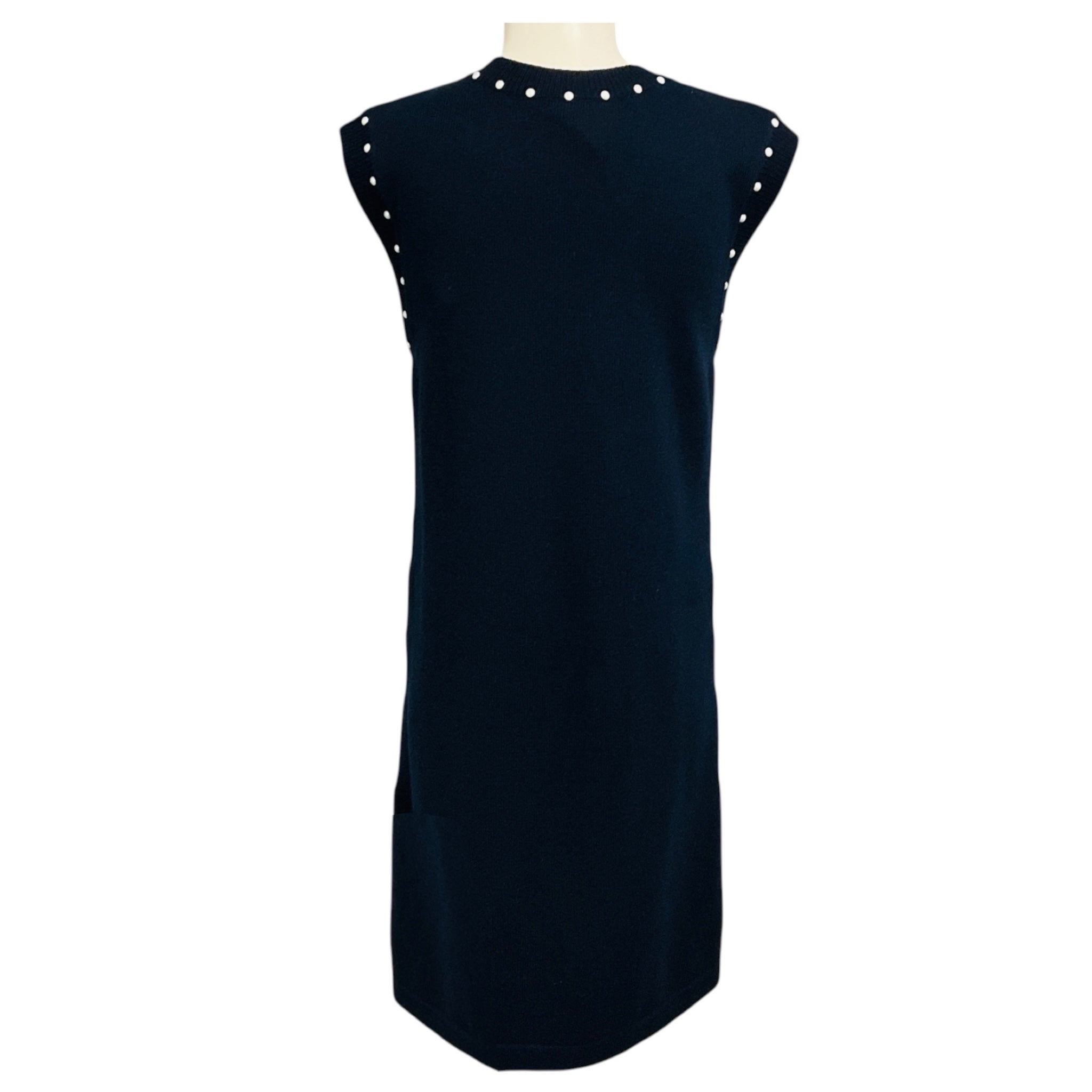Chanel Navy Blue Faux Pearl Embellished Cotton and Cashmere Knit Dress with CC Logo Plate