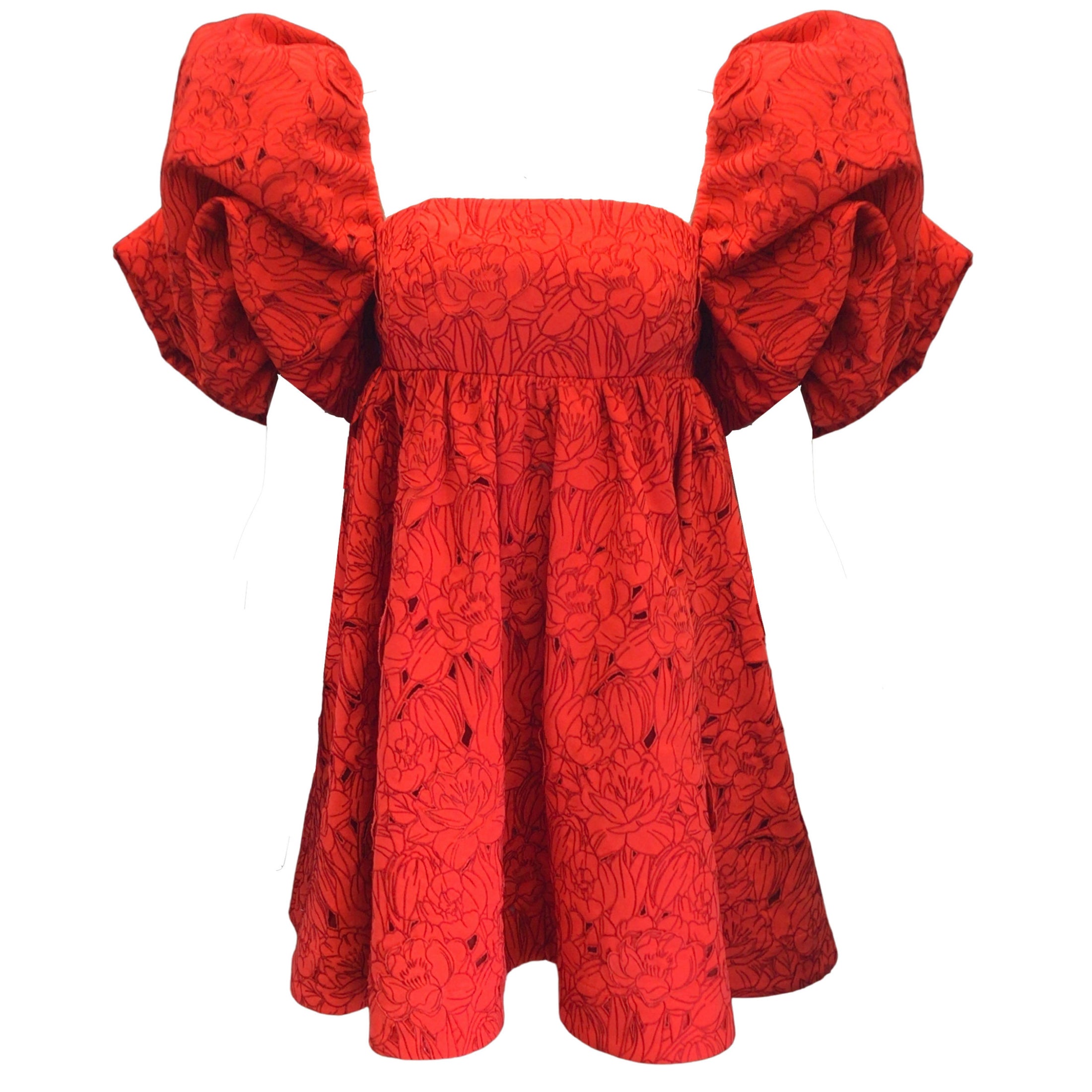 Leo Lin Scarlet Red Eloise Puff Sleeved Embroidered Mini Dress