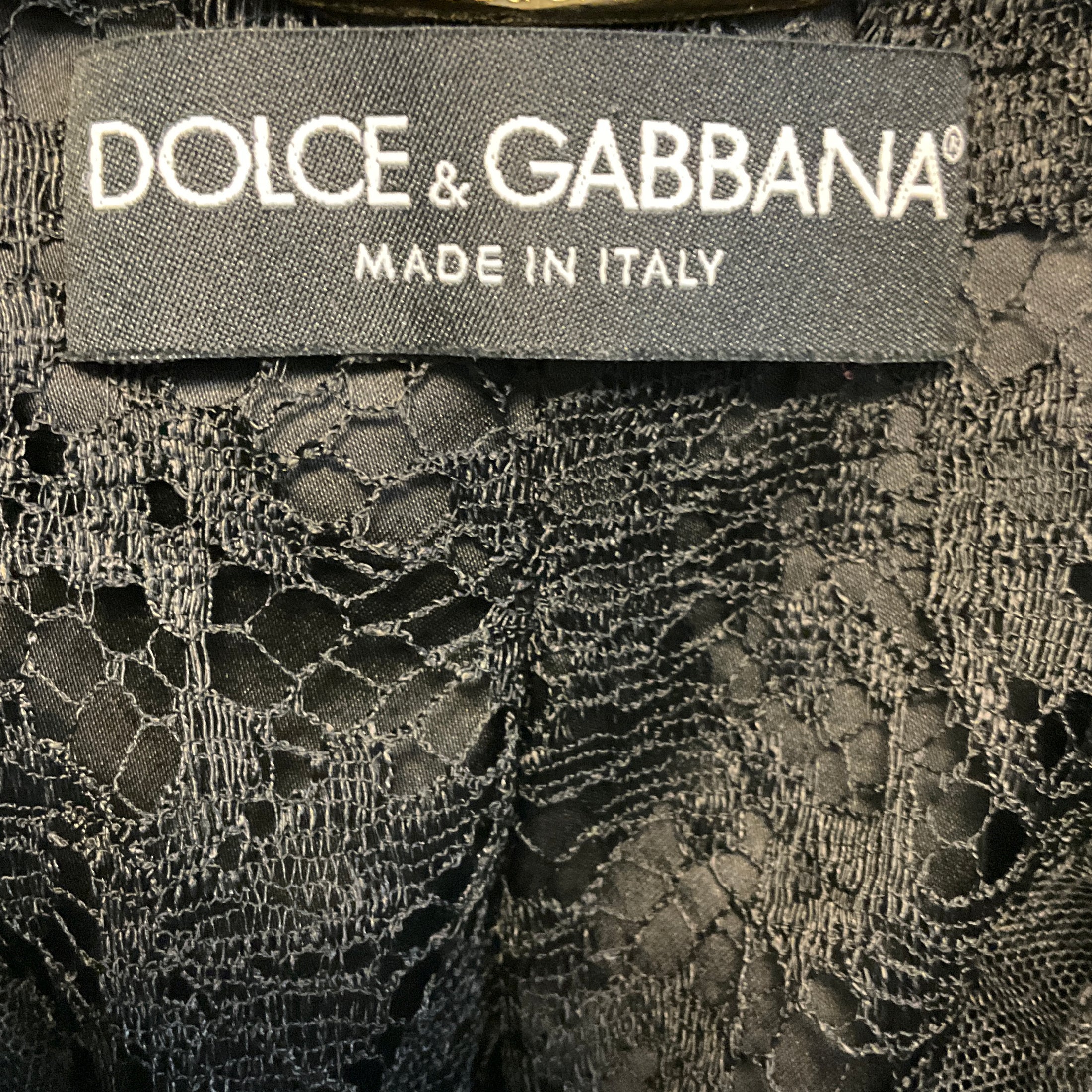 Dolce & Gabbana Black Sequined Mesh Tulle Lace Trimmed Cropped Wool Crepe Jacket with Silver Buttons