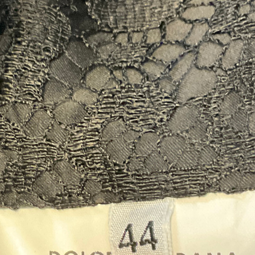 Dolce & Gabbana Black Sequined Mesh Tulle Lace Trimmed Cropped Wool Crepe Jacket with Silver Buttons