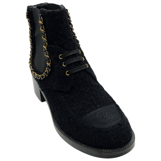 Chanel Black Tweed Chelsea Boots with Gold Chain Detail
