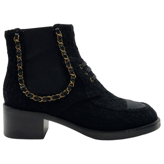 Chanel Black Tweed Chelsea Boots with Gold Chain Detail