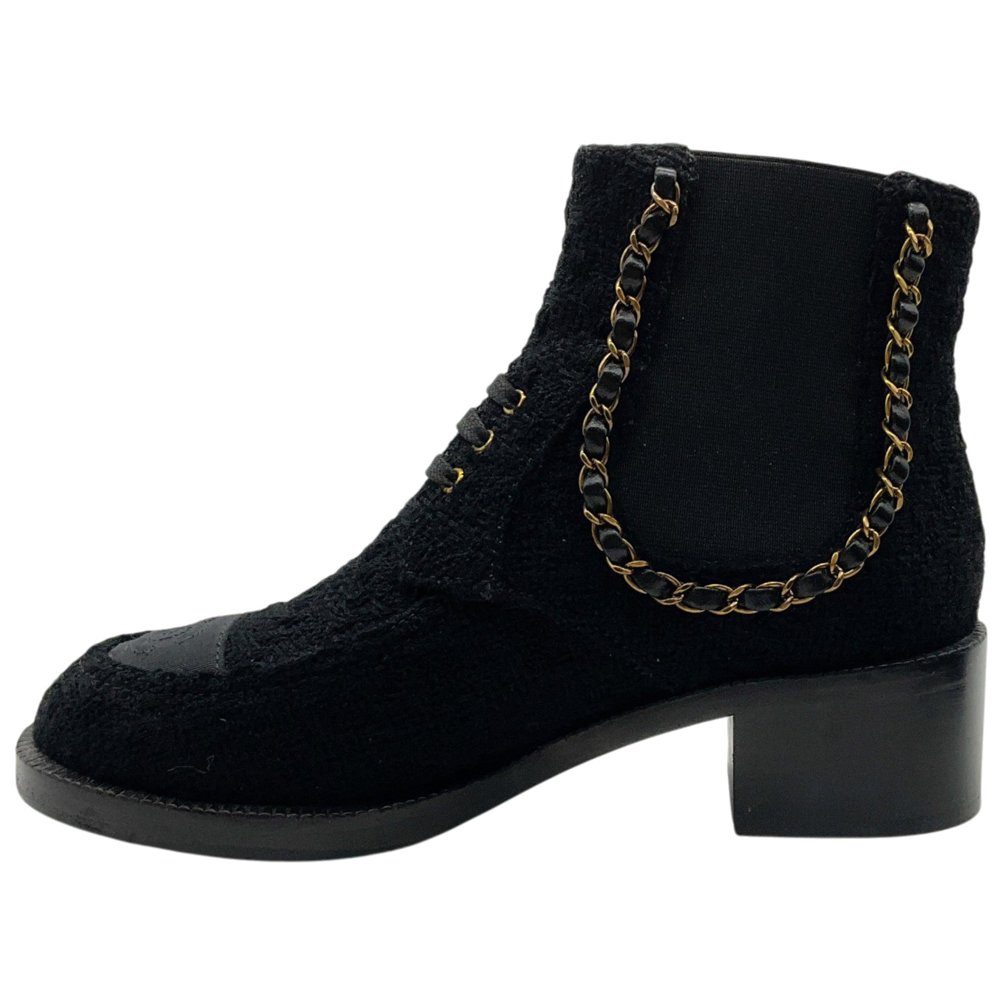 Chanel Black Tweed Chelsea Boots with Gold Chain Detail