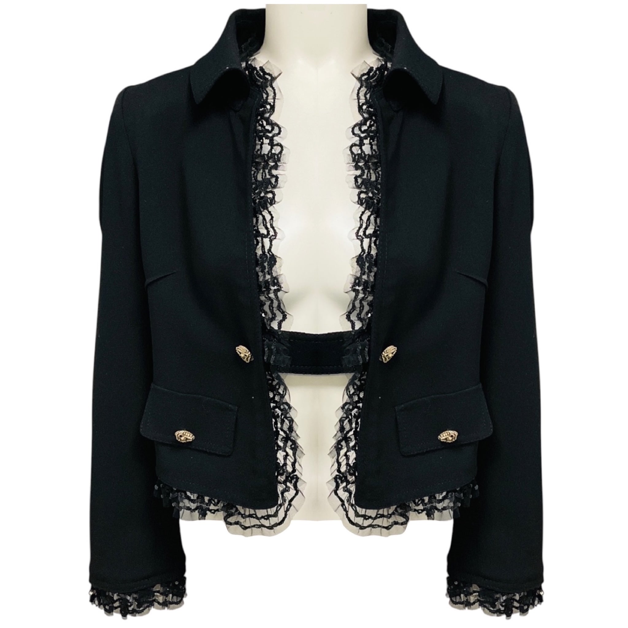 Dolce & Gabbana Black Sequined Mesh Tulle Lace Trimmed Cropped Wool Crepe Jacket with Silver Buttons