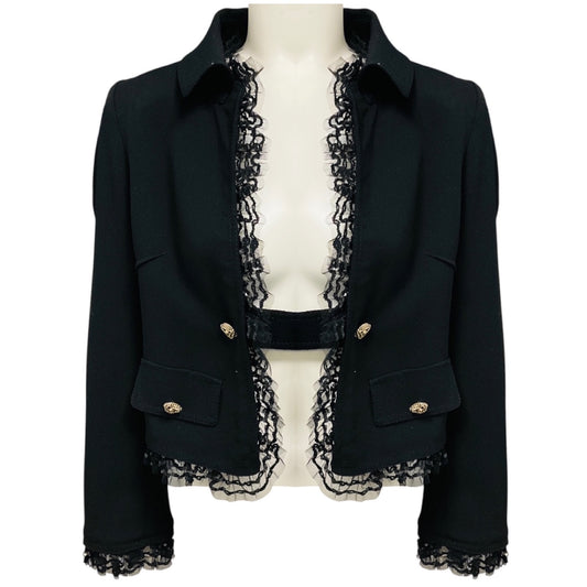 Dolce & Gabbana Black Sequined Mesh Tulle Lace Trimmed Cropped Wool Crepe Jacket with Silver Buttons