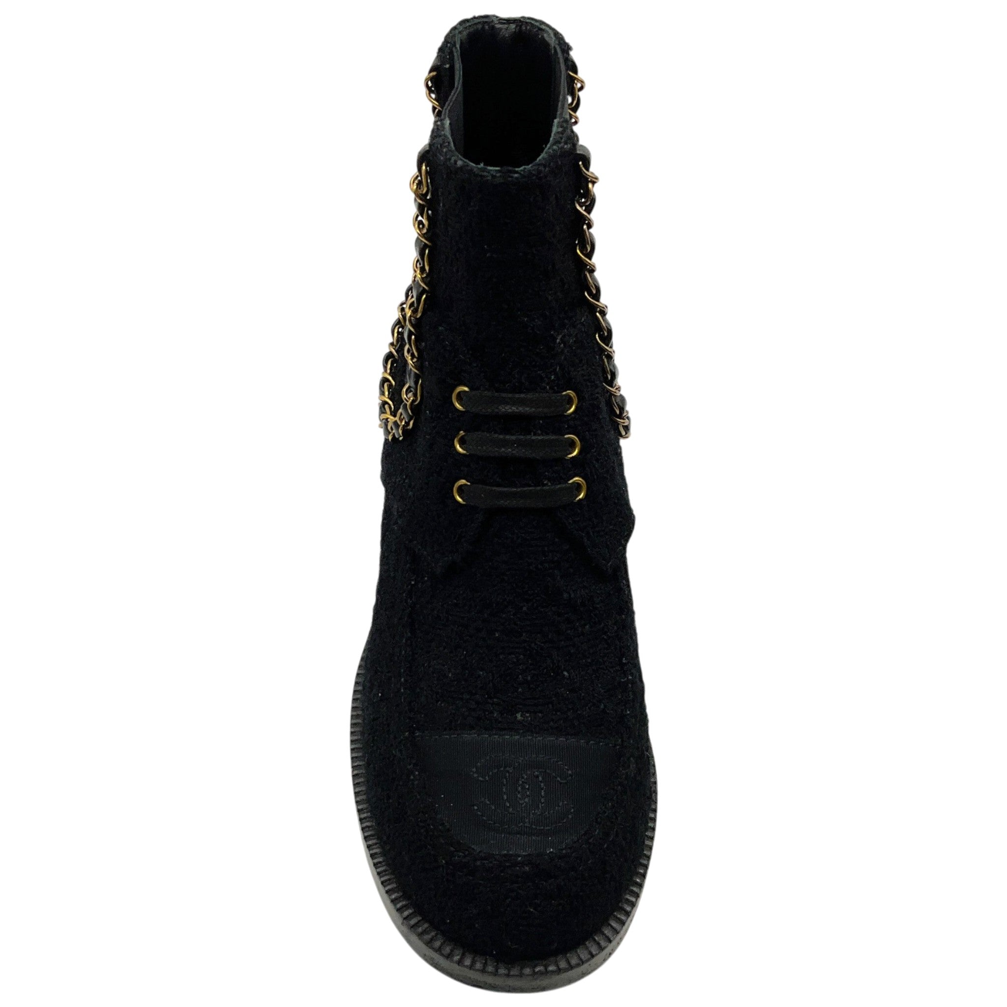 Chanel Black Tweed Chelsea Boots with Gold Chain Detail
