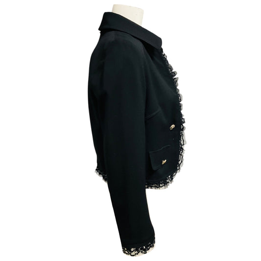 Dolce & Gabbana Black Sequined Mesh Tulle Lace Trimmed Cropped Wool Crepe Jacket with Silver Buttons