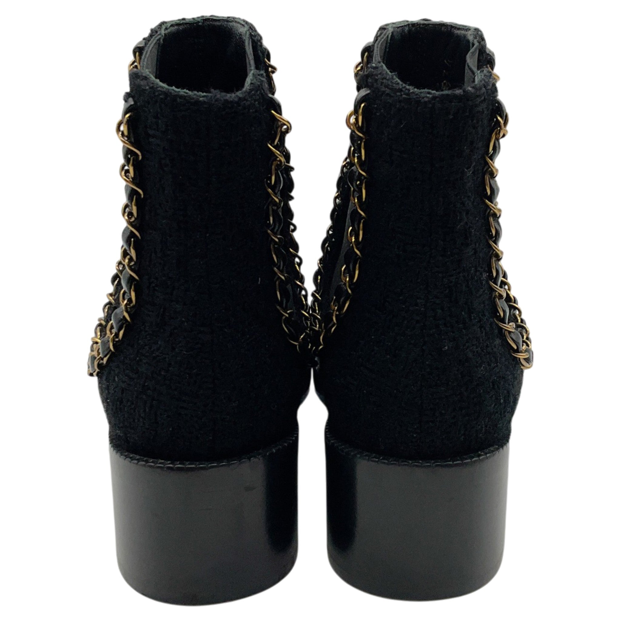 Chanel Black Tweed Chelsea Boots with Gold Chain Detail