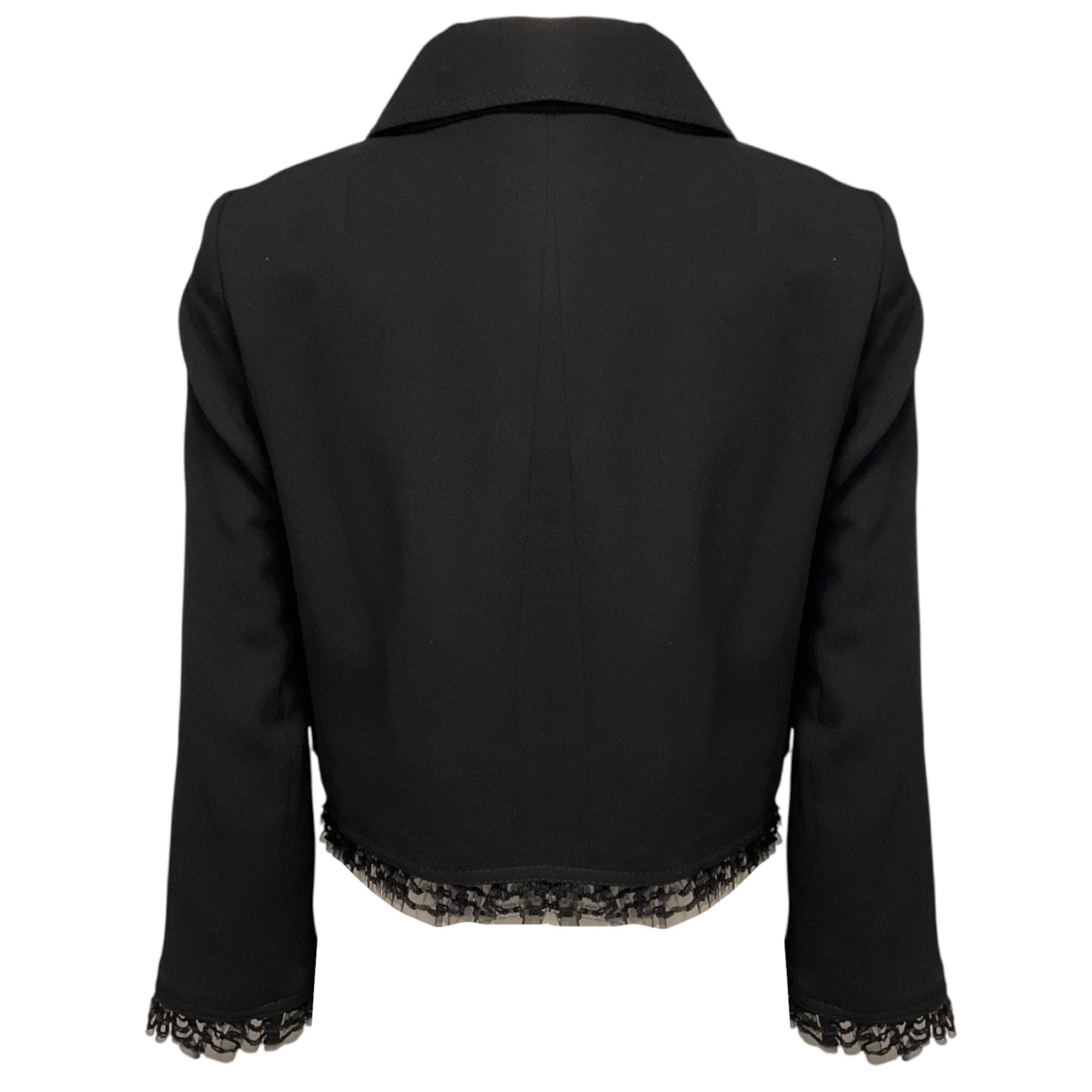 Dolce & Gabbana Black Sequined Mesh Tulle Lace Trimmed Cropped Wool Crepe Jacket with Silver Buttons