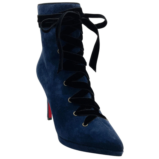 Christian Louboutin Navy Blue Suede Circus Nana 100 Booties with Black Velvet Laces
