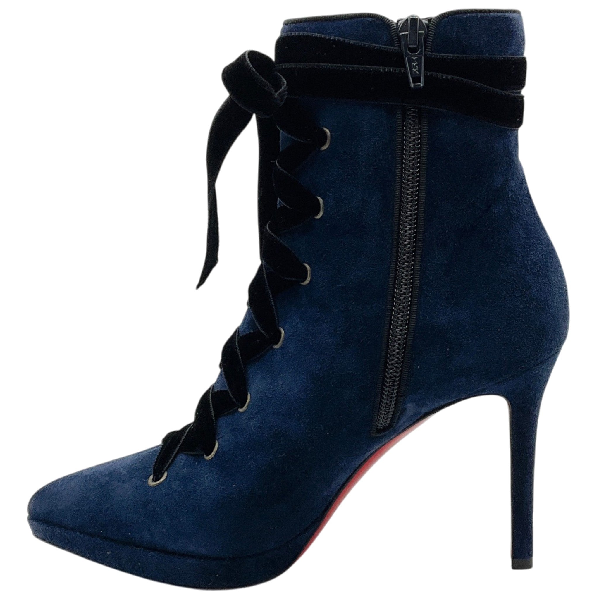 Christian Louboutin Navy Blue Suede Circus Nana 100 Booties with Black Velvet Laces