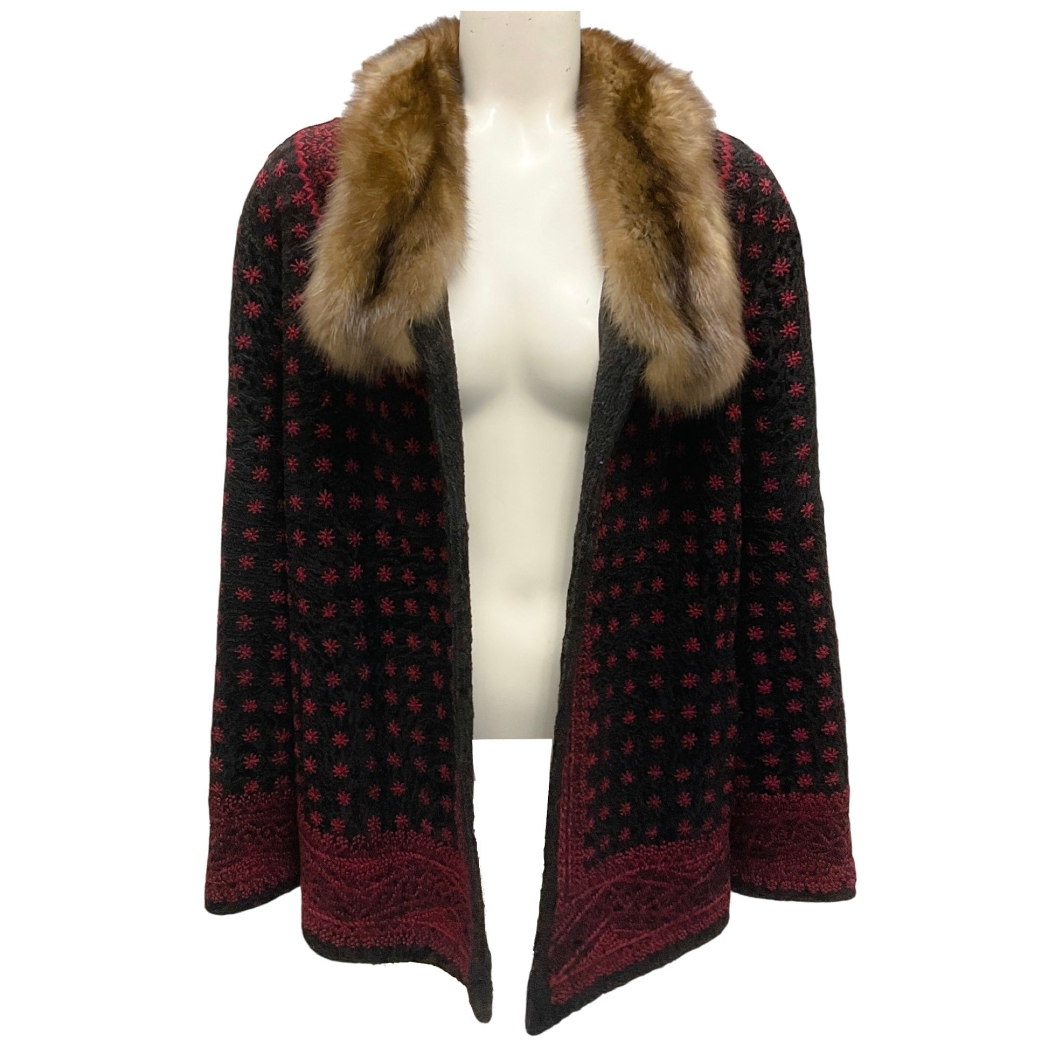 Oscar de la Renta Couture Black / Burgundy Embroidered Persian Lamb Fur Coat with Fur Collar