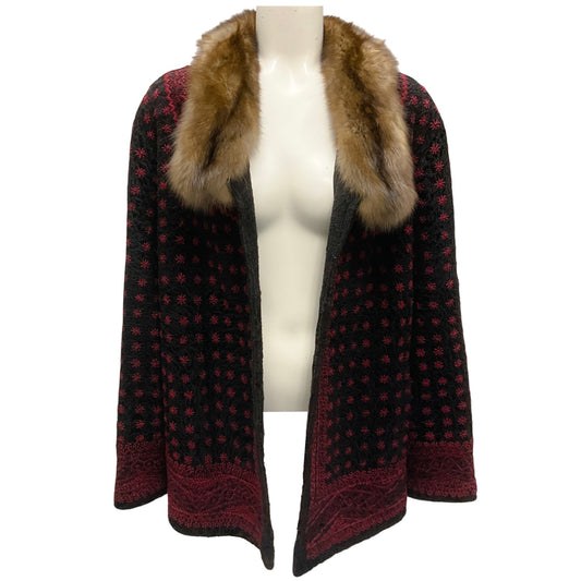 Oscar de la Renta Couture Black / Burgundy Embroidered Persian Lamb Fur Coat with Fur Collar