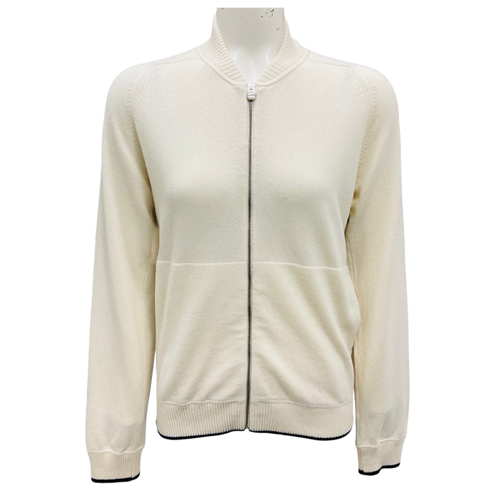 Chanel Ecru Zip Up Cashmere Knit Cardigan with Lion Head and CC Logo Embroidery