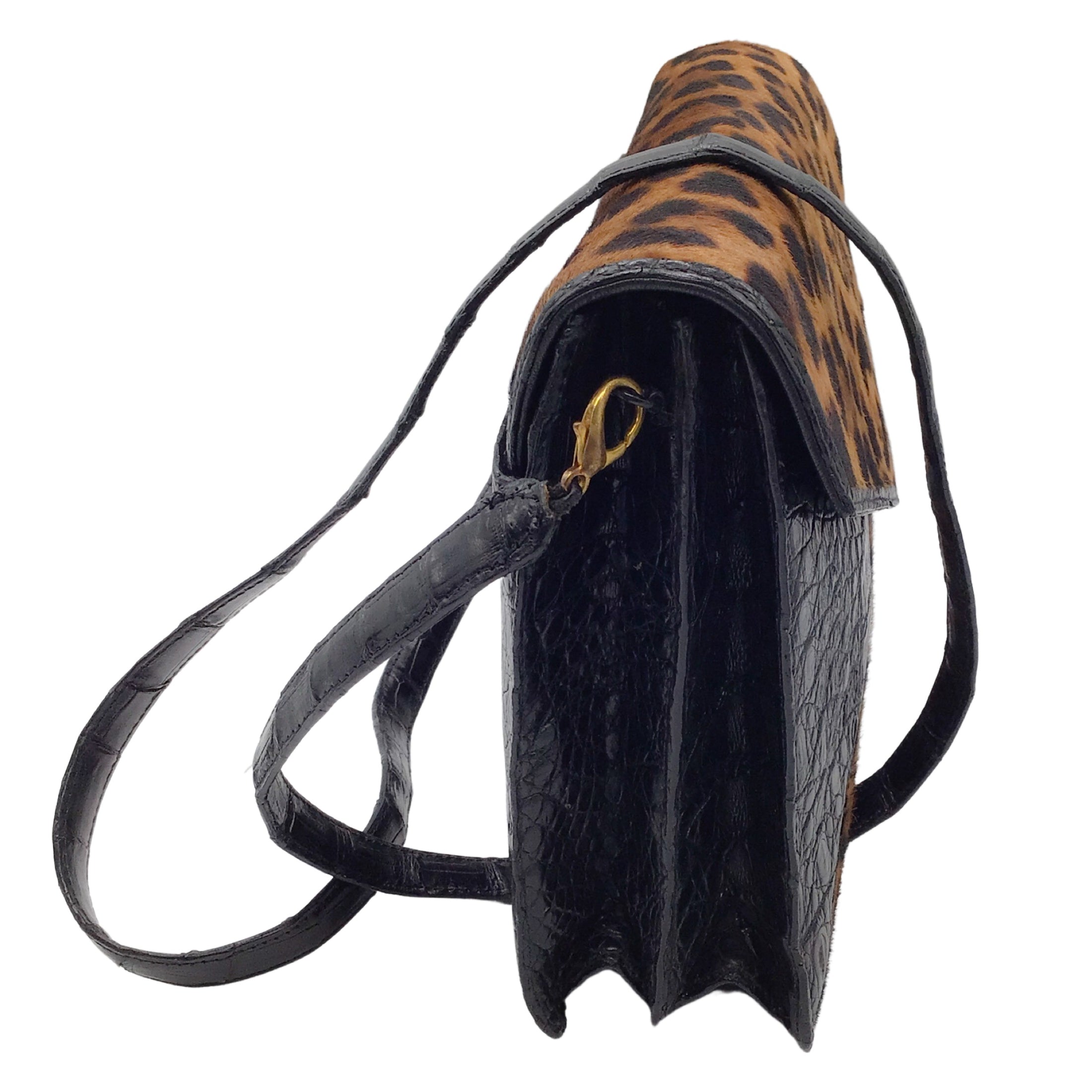 Nancy Gonzalez Black / Brown Leopard Printed Calf Hair and Crocodile Skin Leather Shoulder Bag
