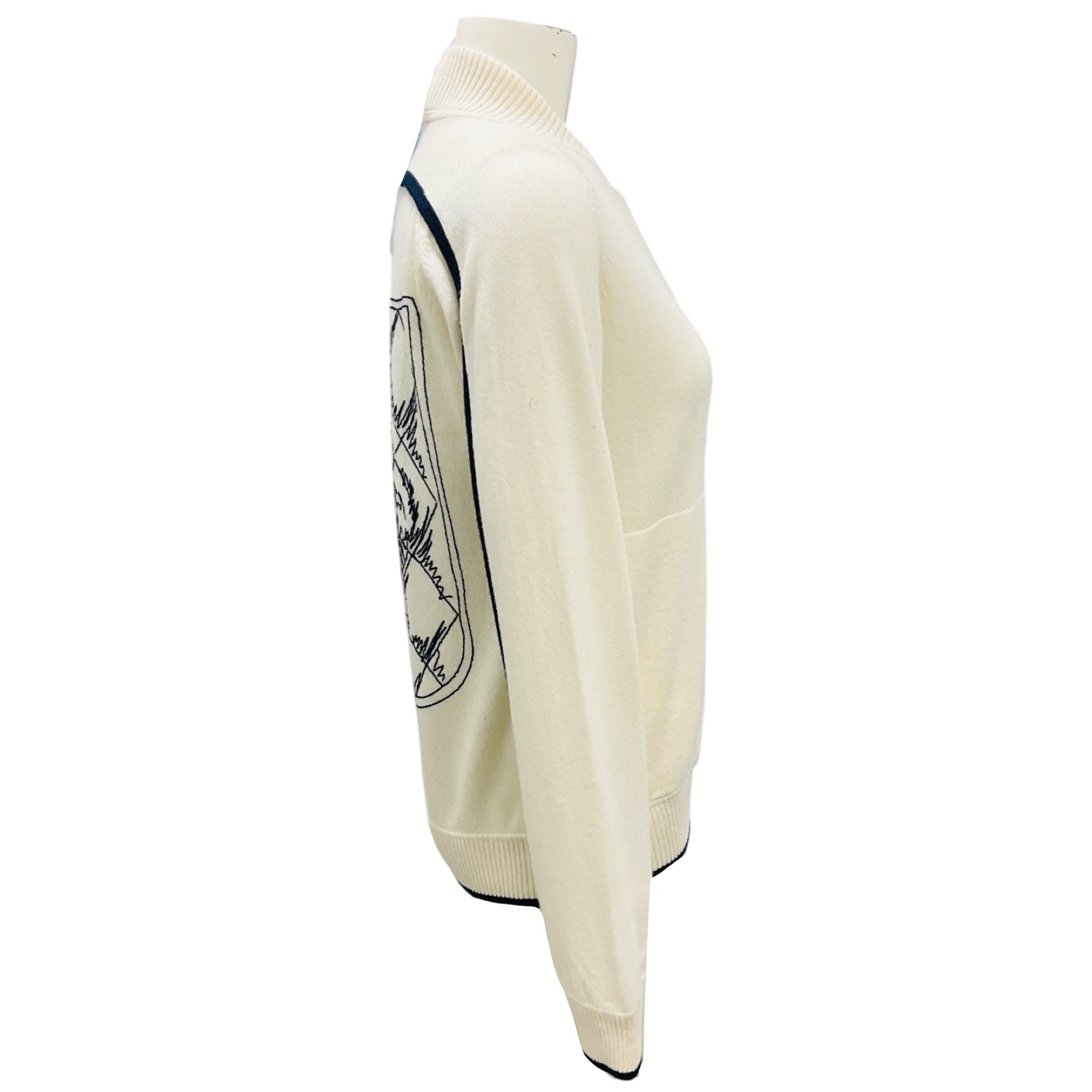 Chanel Ecru Zip Up Cashmere Knit Cardigan with Lion Head and CC Logo Embroidery