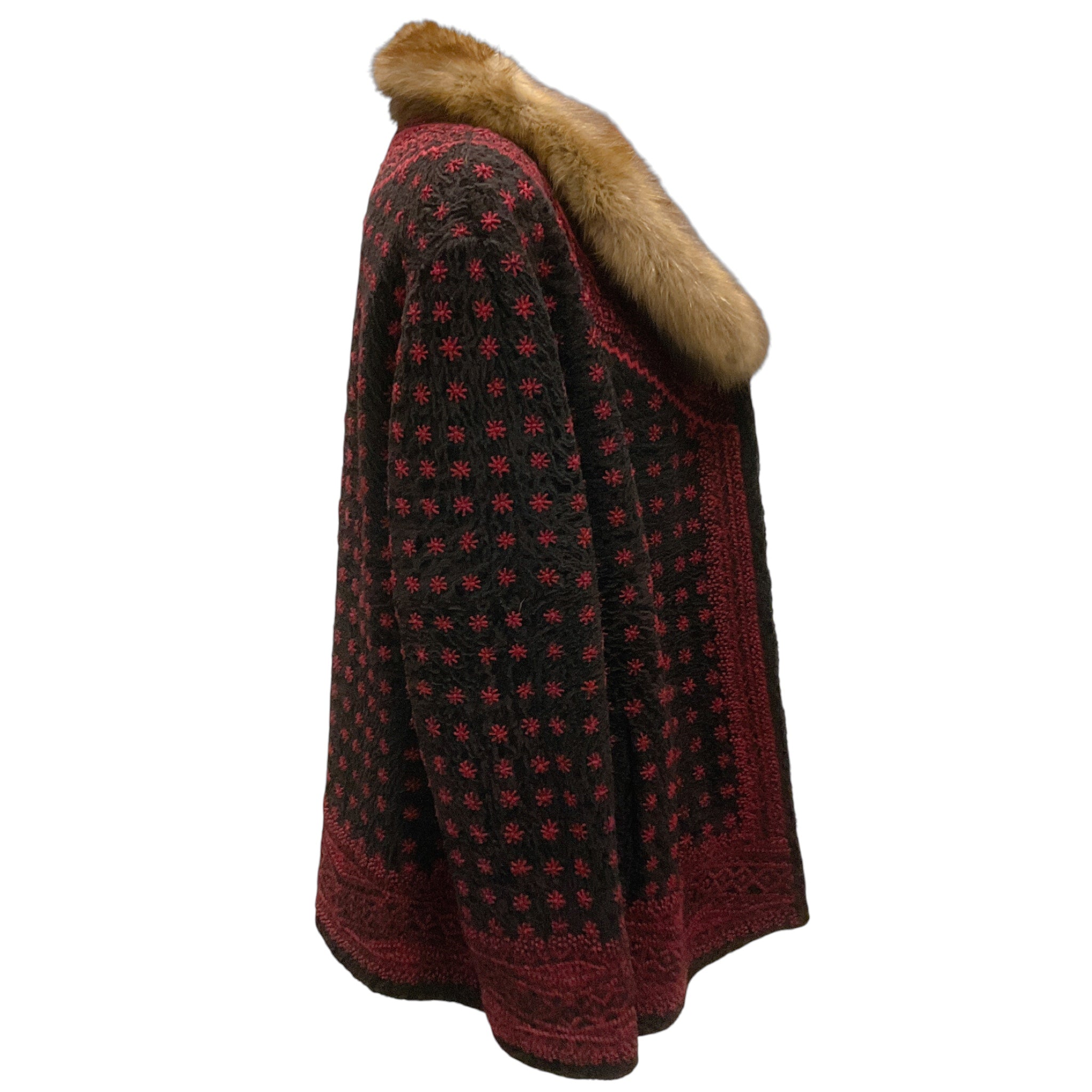 Oscar de la Renta Couture Black / Burgundy Embroidered Persian Lamb Fur Coat with Fur Collar