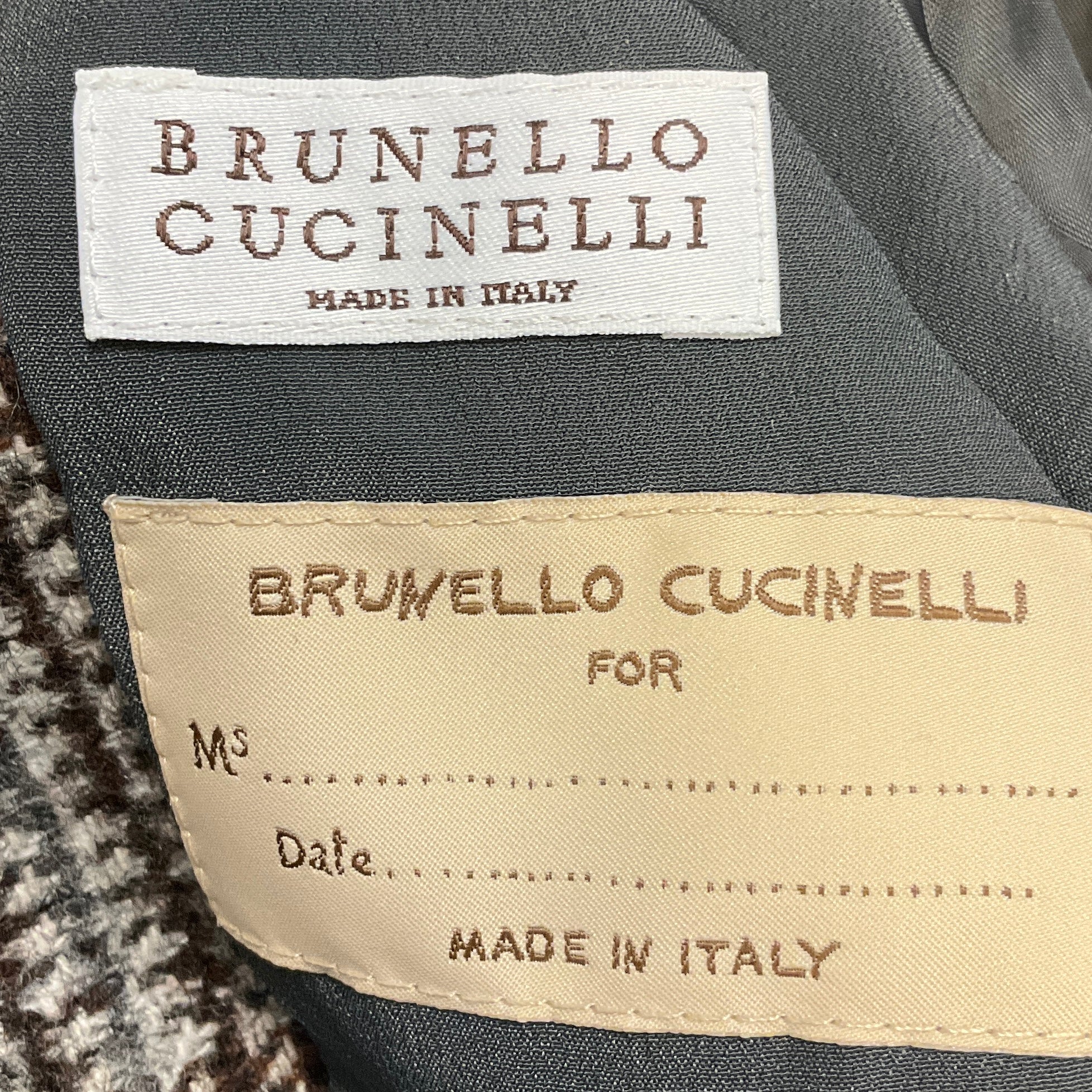 Brunello Cucinelli Brown / Grey Wool Plaid Double Breasted Blazer Jacket with Monili