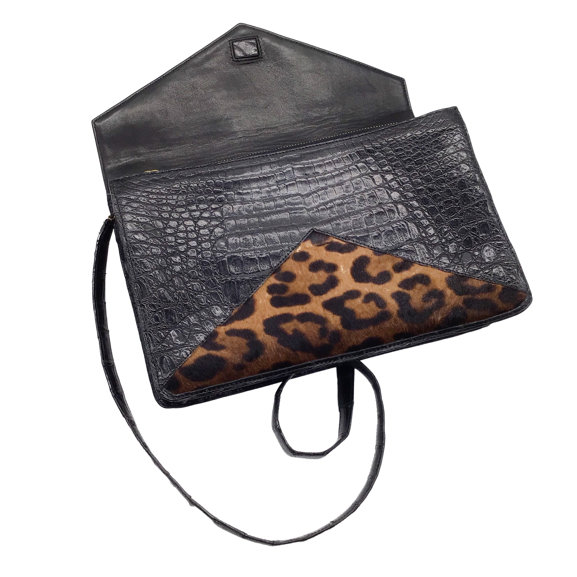 Nancy Gonzalez Black / Brown Leopard Printed Calf Hair and Crocodile Skin Leather Shoulder Bag