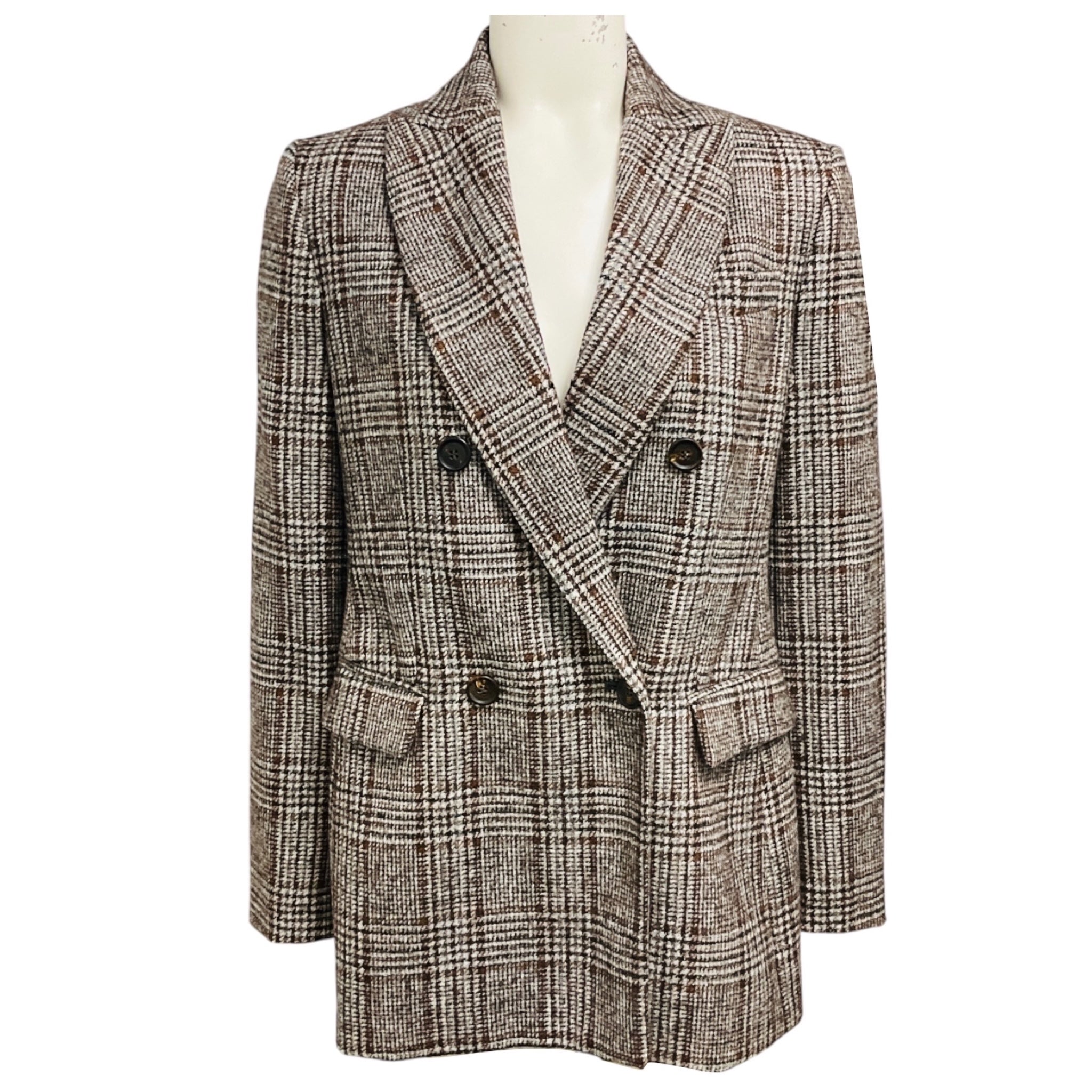 Brunello Cucinelli Brown / Grey Wool Plaid Double Breasted Blazer Jacket with Monili