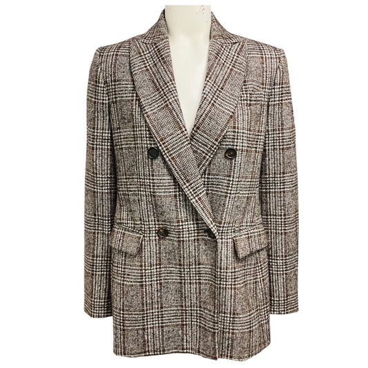 Brunello Cucinelli Brown / Grey Wool Plaid Double Breasted Blazer Jacket with Monili