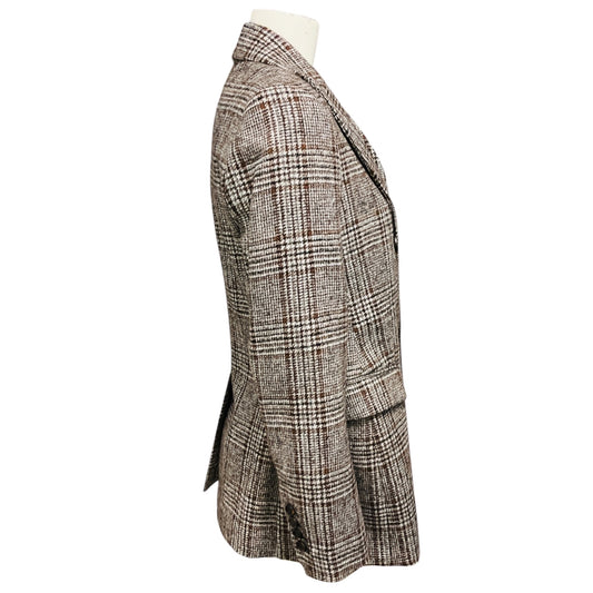 Brunello Cucinelli Brown / Grey Wool Plaid Double Breasted Blazer Jacket with Monili