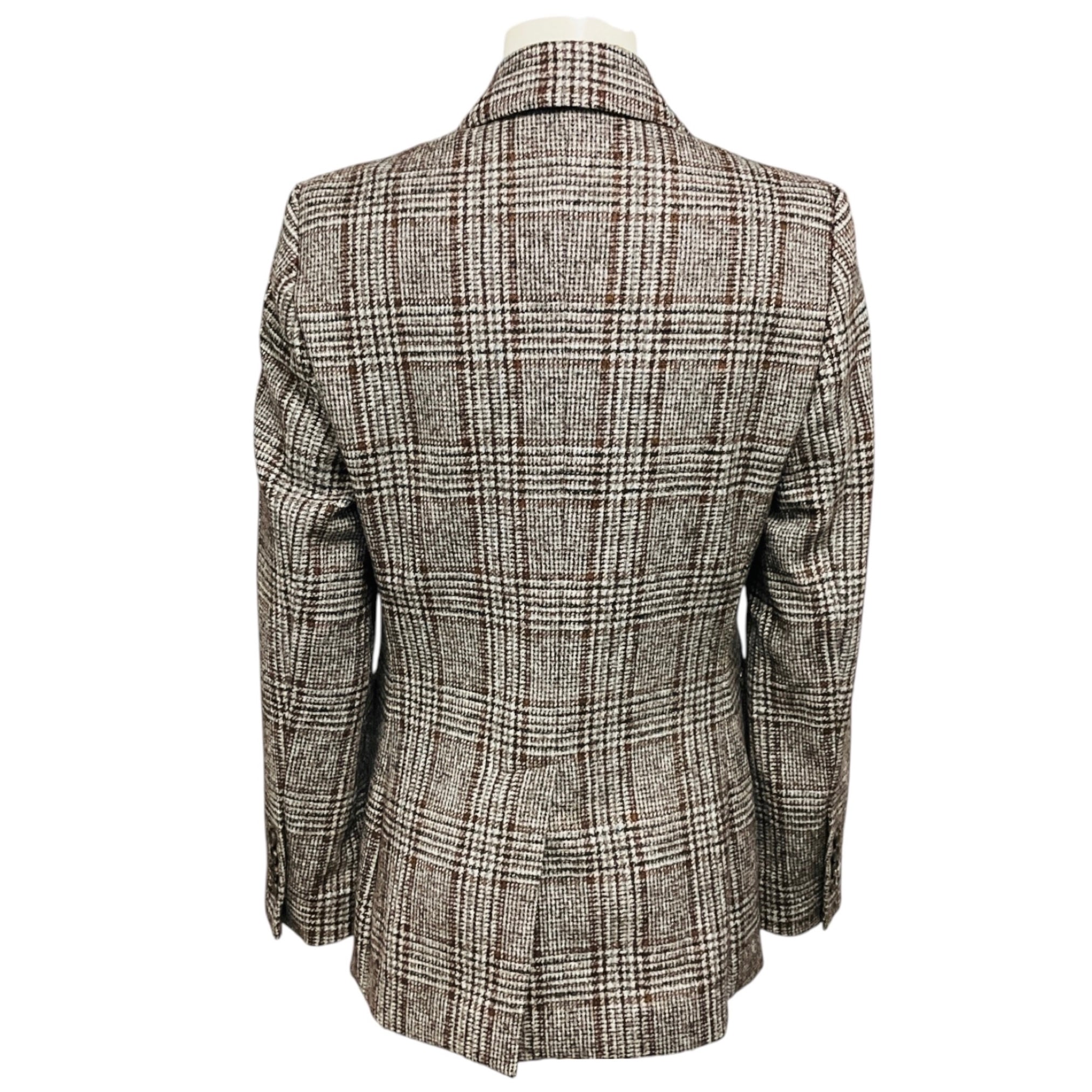 Brunello Cucinelli Brown / Grey Wool Plaid Double Breasted Blazer Jacket with Monili