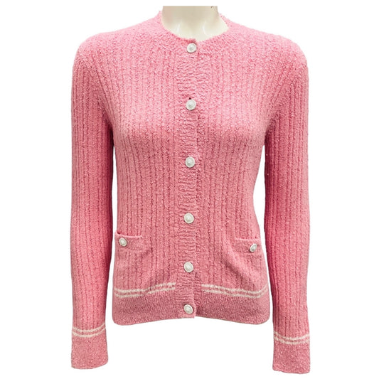 Chanel Pink / White Knit Cardigan Sweater