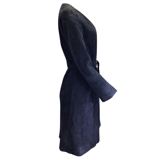Vince Navy Blue Suede Leather Robe Coat