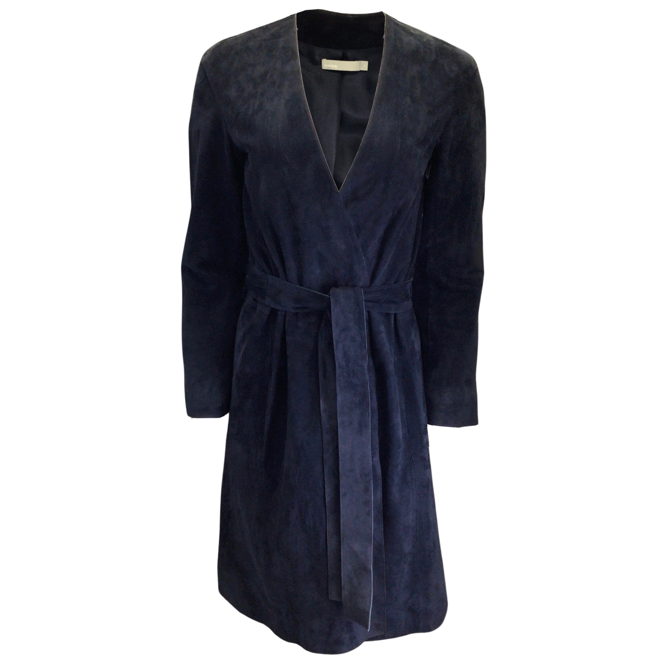 Vince Navy Blue Suede Leather Robe Coat
