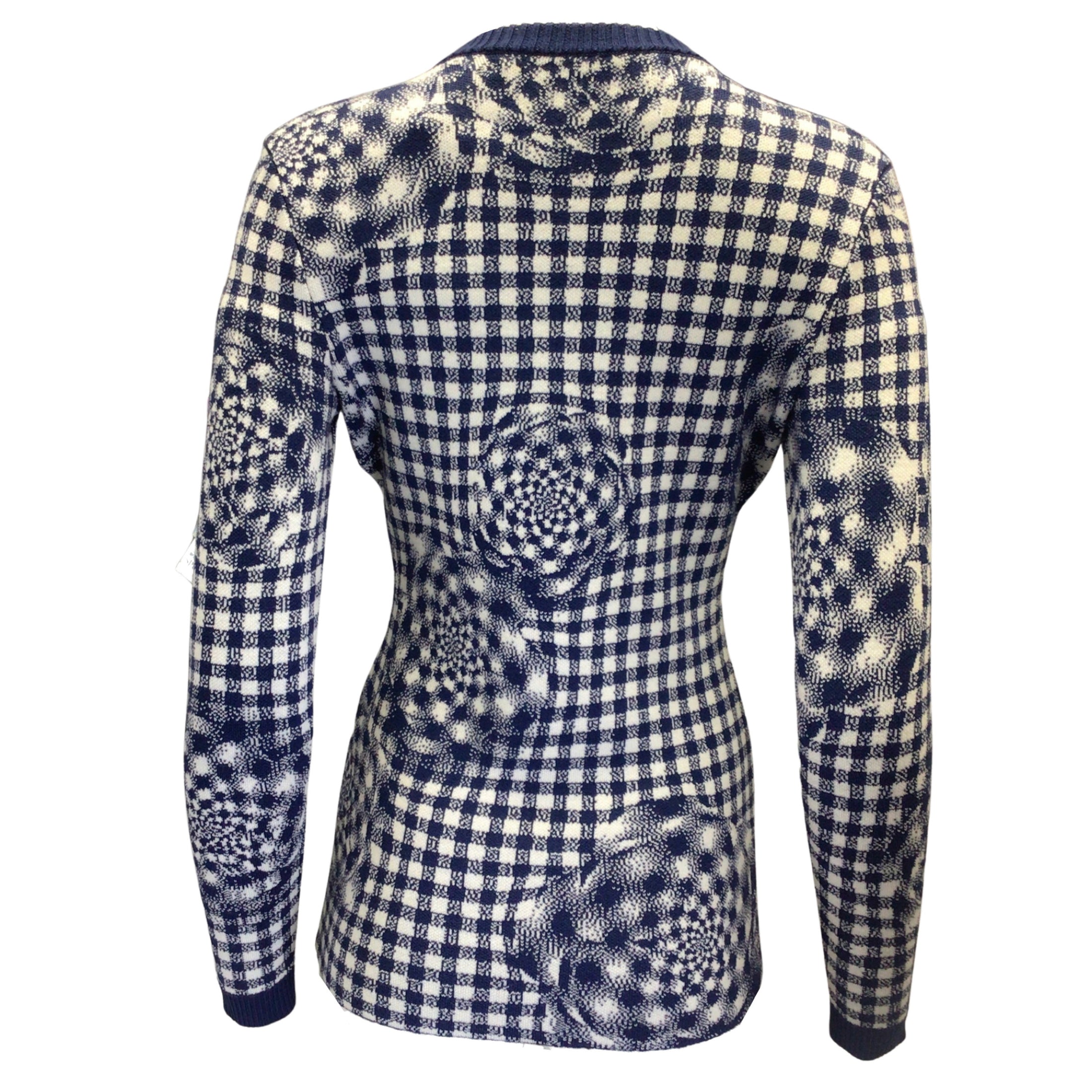 Brandon Maxwell Navy Blue / White Floral Gingham Long Sleeved Wool Crewneck Sweater