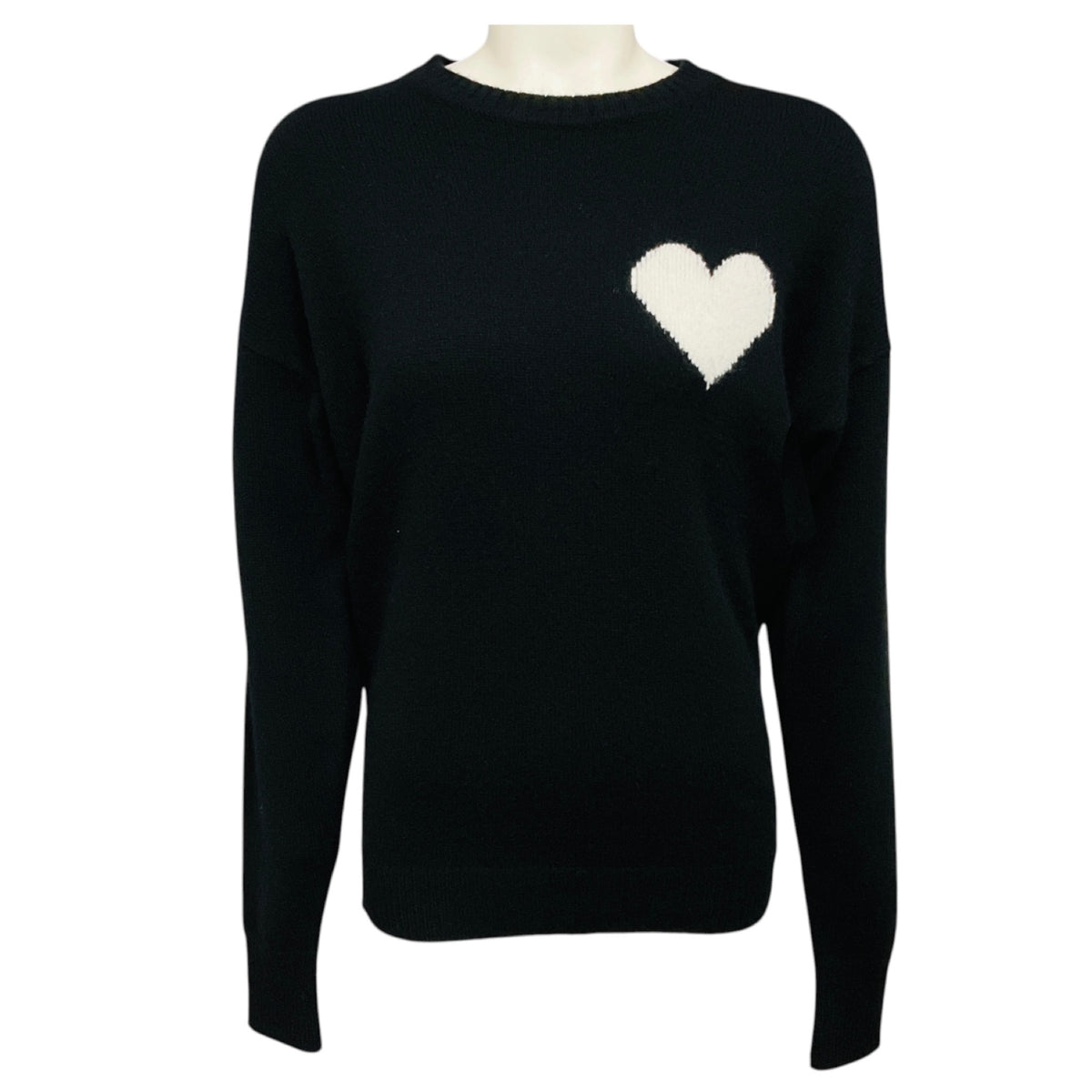 SPRWMN Black / White Heart Design Long Sleeved Cashmere Knit Crewneck Pullover Sweater
