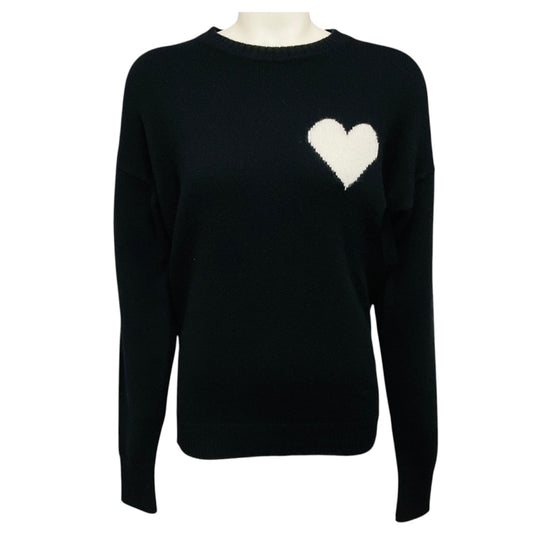 SPRWMN Black / White Heart Design Long Sleeved Cashmere Knit Crewneck Pullover Sweater