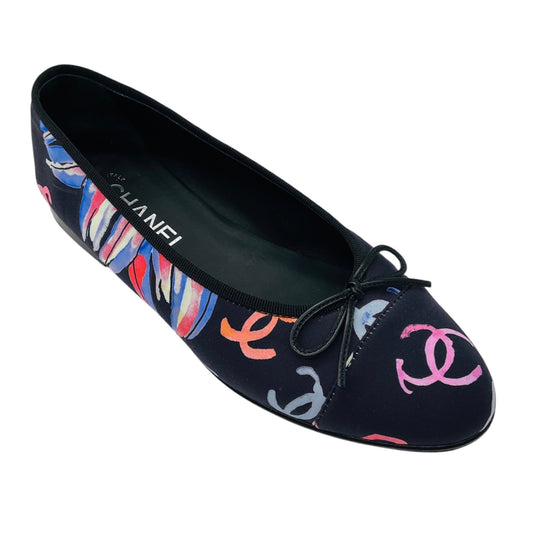Chanel Navy Blue Multi CC Logo Printed Bow Detail Cap Toe Satin Ballerina Ballet Flats