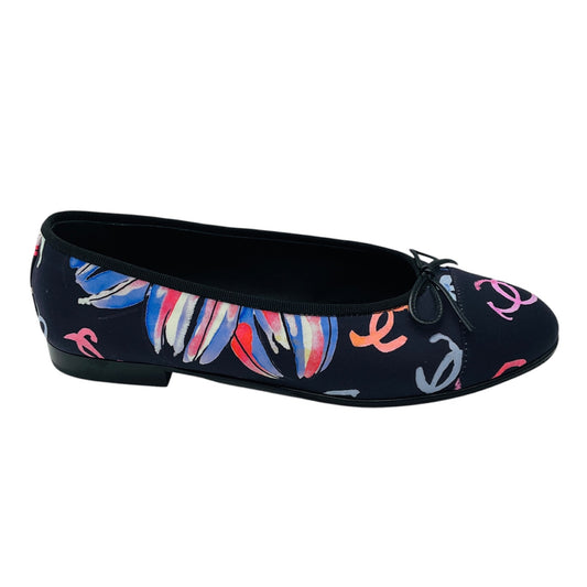 Chanel Navy Blue Multi CC Logo Printed Bow Detail Cap Toe Satin Ballerina Ballet Flats