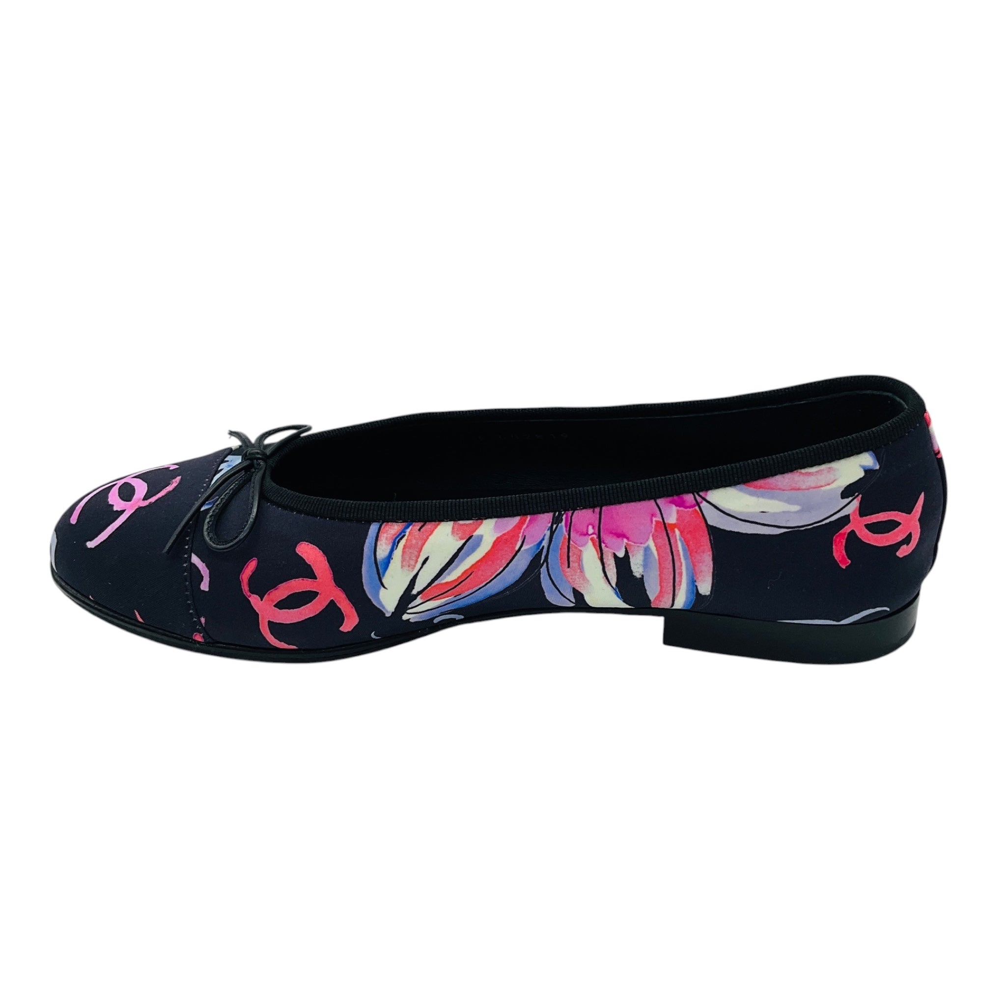 Chanel Navy Blue Multi CC Logo Printed Bow Detail Cap Toe Satin Ballerina Ballet Flats