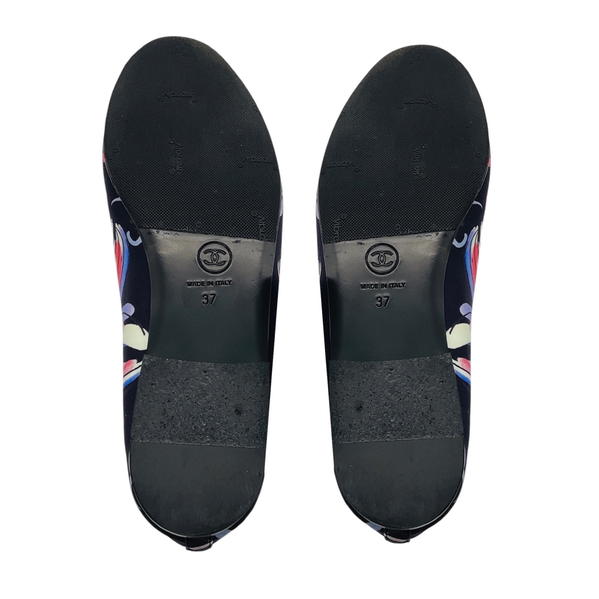 Chanel Navy Blue Multi CC Logo Printed Bow Detail Cap Toe Satin Ballerina Ballet Flats