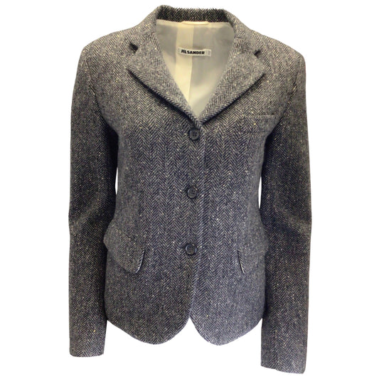 Jil Sander Grey / Black Three-Button Cashmere and Wool Chevron Tweed Blazer