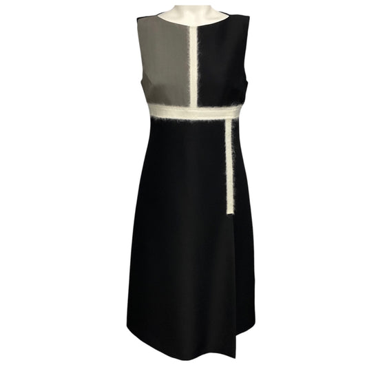 Giambattista Valli Black / Grey / Ivory Grosgrain Ribbon Trimmed Sleeveless Wool Midi Dress