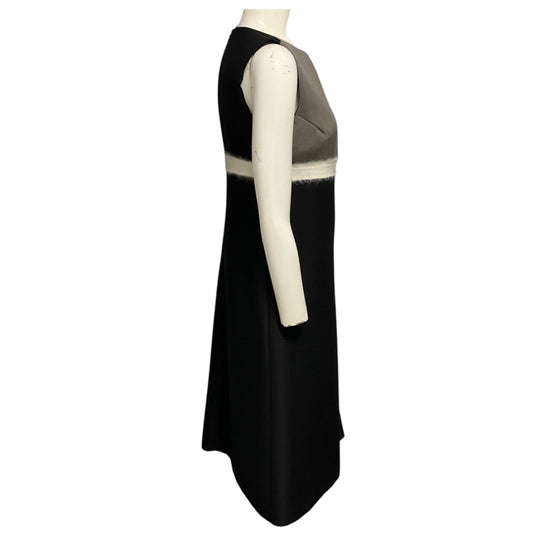 Giambattista Valli Black / Grey / Ivory Grosgrain Ribbon Trimmed Sleeveless Wool Midi Dress
