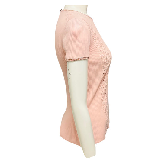 Chanel Light Pink 2017 Cruise Collection Paris-Cuba Short Sleeved Cotton Knit Top with Pointelle Detail