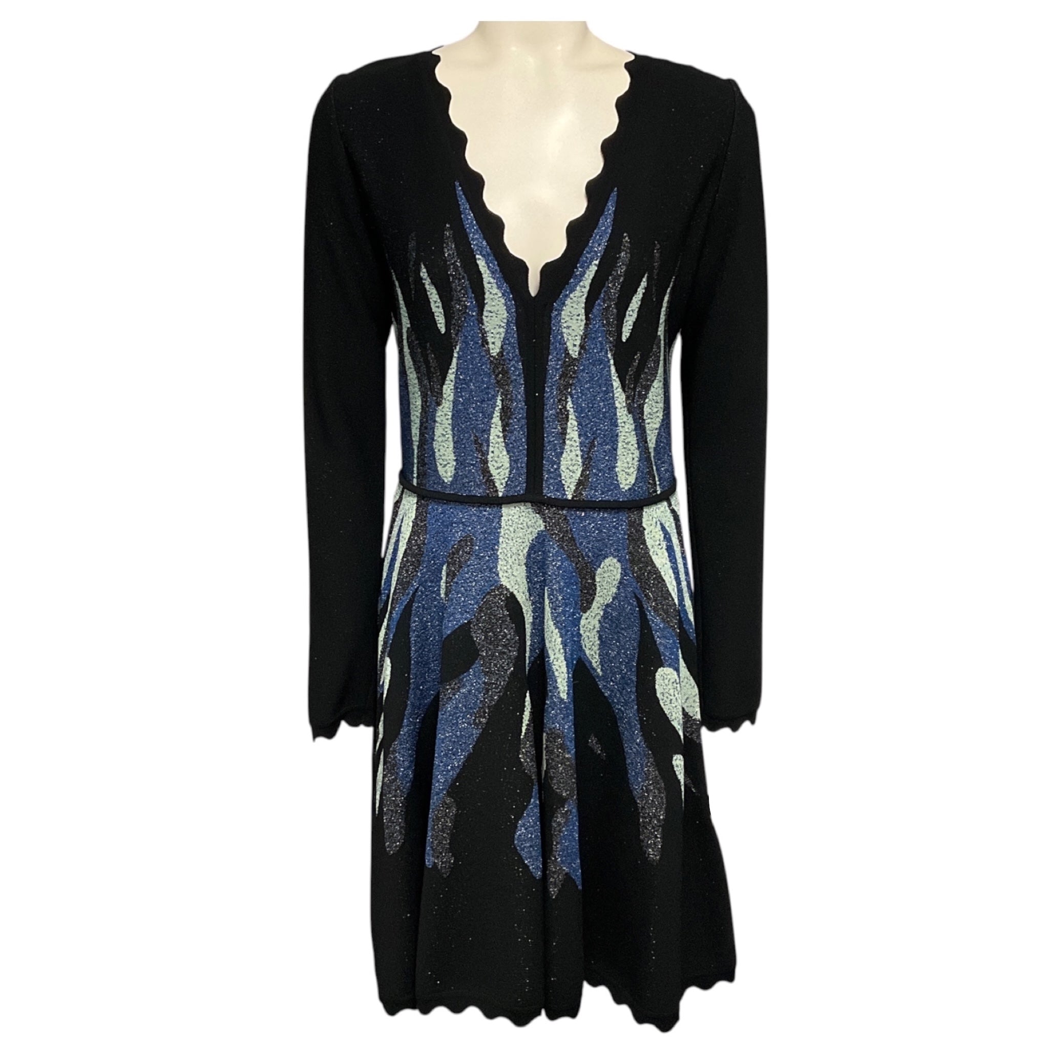 Elie Saab Black / Light Blue / Blue Metallic Knit Long Sleeved V-Neck Flared Dress