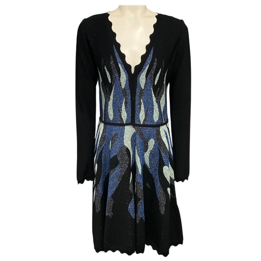 Elie Saab Black / Light Blue / Blue Metallic Knit Long Sleeved V-Neck Flared Dress