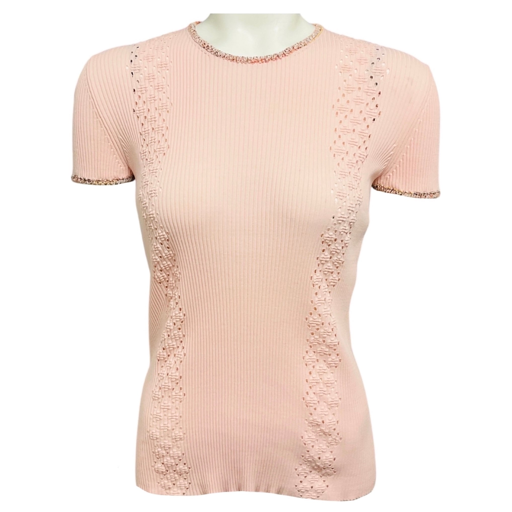 Chanel Light Pink 2017 Cruise Collection Paris-Cuba Short Sleeved Cotton Knit Top with Pointelle Detail